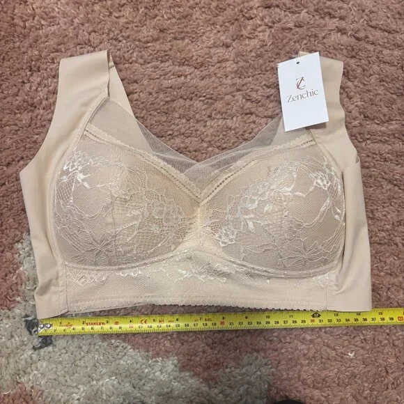 NWT Floral Lace Seamless Bra Womens Sz 2XL Soft Sexy Sheer Intimates Tan Beige - Picture 5 of 6
